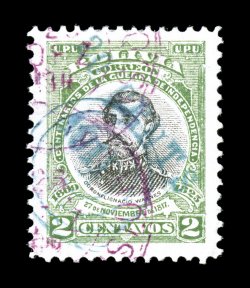 97, 1911 20 Cents1911 Villa Bella provisional surcharge on 2c Green and black, a magnificent example of this rare stamp being wonderfully well centered within extra-large
uniform margins, necessary target in same blue green ink of the surchar
