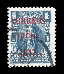 102, 1917 Correos 10 Cts.1917 on 1c Blue Cobija provisional surcharge in carmine, Ty. I, used single being quite well centered, fresh with strong bright colors of both the
stamp and surcharge, portion of the black violet Cobija c.d.s. and a