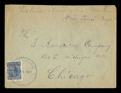 102, 1917 Correos 10 Cts.1917 on 1c Blue Cobija provisional surcharge, Ty. I, a well centered example tied to a 1917 cover to Chicago, the stamp has wide balanced margins and
strong colors, neatly tied by Correos de BoliviaCobija1 Feb. 19
