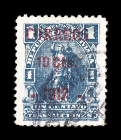 102a, 1917 Correos 10 Cts.1917 on 1c Blue Cobija provisional surcharge in carmine, Ty. II, the extremely rare variety with san-serif 1s in 1917, used with a portion of the
black violet cancel of Cobija, no control cancel on the reverse i