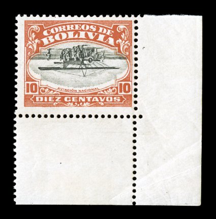 C1a, 1924 10c Vermilion and black air post, inverted center, bottom right corner margin single, centered to right (virtually all examples of this error are centered to one
side or the other), fresh colors, o.g., hinged in the bottom selvage only