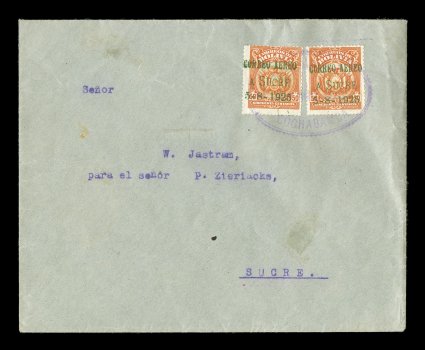 1925 August 5th Junkers First Flight Cochabamba to Sucre, an extraordinarily rare double rate cover with two of the Correo Aereoa Sucre5-8-1925 green overprint on 50c Orange
semi-official air post stamps, tied by violet Correos de BoliviaC