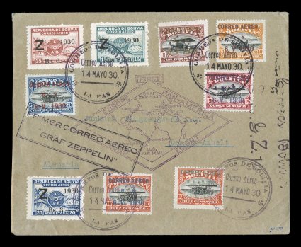Sieger 60D, 1930 Pan-American Flight, a lovely special franking cover for the flight to Germany with all three Zeppelin stamps and the special Air School air post overprinted
set of six complete, overprinted with ordinary ink as normally found,