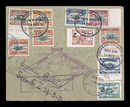 Sieger 60D var., 1930 Pan-American Flight, another special franking cover for the flight to Germay with all three Zeppelin stamps and the special Air School air post
overprinted set of six complete, plus bearing an extra 10c Vermilion and black