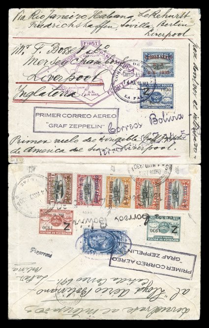 Sieger 60D var., 1930 Pan-American Flight, special franking cover for the flight to Germany with all three Zeppelin stamps and the special Air School air post overprinted set
of six complete on front and back, all overprinted with ordinary ink a