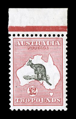 S.G. 138, 1934 £2 Black and rose, handsome top sheet-margin single, brilliantly rich colors, o.g., stamp never hinged (lightly hinged in the top selvage only), very fine lightly
pencil signed by A. Diena (Scott 129 $7,000.00).