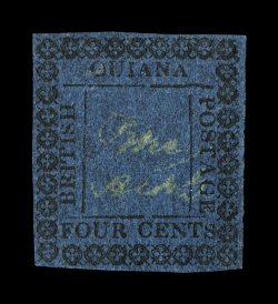 S.G. 123b, 1862 4c Black on blue, with inner frame lines, position R 26, an incredibly rare unused single, deep paper color, well centered, completely sound and very fine this
is the first unused example of this stamp we can ever recall seei