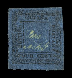 S.G. 124, 1862 4c Black type-set on blue, rare unused copy, showing full roulettes on two sides, deep paper color, filled thin at left, very fine appearance 2008 BPA
certificate (Scott 43 $3,600.00).