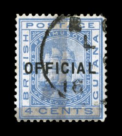 S.G. 147, 1878 (1c) on 4c Blue, OFFICIAL ruled through with one horizontal and one vertical bar, used as are all known examples, deeply rich color, nicely centered, unobtrusive
c.d.s., very fine one of the key rarities of British Guiana that