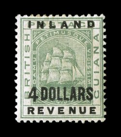 S.G. 188a, 1888 4 DollarsInland Revenue overprint, the large 4 variety, strong rich color, o.g., h.r., a fine example of this key stamp to the series 1997 Brandon certificate
(Scott 127A $1,650.00).