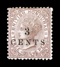 S.G. 24, 1888 3 cents surcharge on 3p Chocolate, watermarked Crown and CC, perf. 12 12, unused, with small part o.g., centered a bit to the top and left as are all known
examples, rich color, fine this stamp was caused by a single sheet of 6