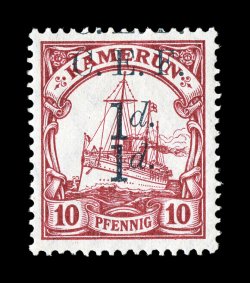 S.G. B3b, 1915 C.E.F1d. surcharge on 10pf Carmine, double overprint, exceptionally bright and fresh, well centered, o.g., faintly hinged, very fine signed H. Bloch (Scott 55b
$325.00).