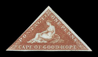 S.G. 1, 1853 1p Pale brick red, deeply blued paper, fresh unused example, with rich luxuriant color and a highly detailed impression, large margins all around except close at
the bottom of the left margin but clears the design, very fine a scar