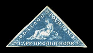 S.G. 4a, 1853 4p Blue, slightly blued paper, full to mostly large margins all around, deep intense color and an outstanding impression, large part original gum, very fine 1989
RPS certificate (Scott 2b $1,800.00).