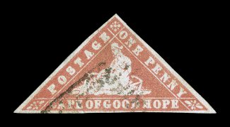S.G. 13b, 1861 1p Brick red Woodblock, an especially attractive appearing example of the scarcest of the 1p shades, full even margins all around, strong color, lightly
cancelled, pressed out crease ends in a tiny tear in the top left margin, c