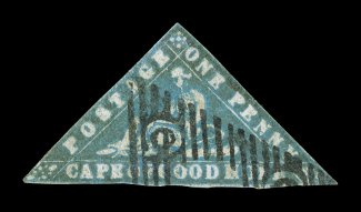 S.G. 13ca, 1861 1p Pale bright blue Woodblock error of color, another example of the very rare One Penny error of color, this being in the pale bright blue shade, intense
color, close margins that touch the design in a few places, trivial corn