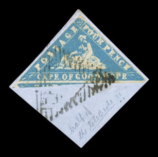 S.G. 14, 1861 4p Pale milky blue Woodblock, tied to piece by grid pmk., margins range from just touching the frame line at left to a portion of the adjoining stamp at bottom,
pressed out crease, very fine appearance of special note is the fac