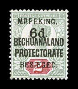 S.G. 8, 1900 6p Mafeking surcharge on 2p Green and carmine, attractive colors, o.g., light h.r., tiny repair at the bottom left corner perf., fine appearance 2008 BPA
certificate (Scott 169 $2,200.00).