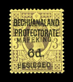 S.G. 9, 1900 6p Mafeking surcharge on 3p Purple on yellow, position 3, a fresh example of this enormously rare mint stamp, wonderfully bright colors, uncharacteristically well
centered, o.g., h.r., insignificant gum bend, very fine one of the