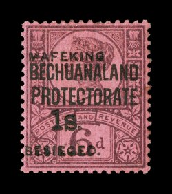 S.G. 14, 1900 1- Mafeking surcharge on 6p Purple on rose red, unusually well centered, deep rich colors, part o.g., very fine a most impressive example of a stamp that is
missing from even the most advanced mint collections 1993 BPA certifica