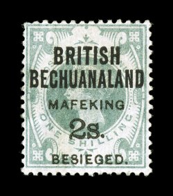 S.G. 16, 1900 2- Mafeking surcharge on 1- Green, attractive example of this very rare stamp, well centered, bright color, o.g., lightly hinged, small natural gum crease, very
fine of the 570 stamps issued, nearly all were used, leaving very