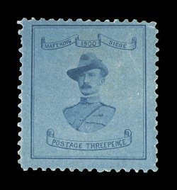 S.G. 21a, 1900 3p Pale blue Baden Powell on vertically laid paper, unused example of this rare variety, attractive color, regummed, tiny perforation tear at top right corner
(not mentioned on the accompanying certificate), otherwise fine it i