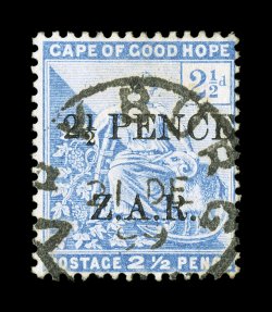 S.G. 4, 1899 2 12pZ.A.R. Vryburg surcharge on 2 12p Blue, used, bright color, neat Vryburg c.d.s., small stain that is visible only on the reverse, fine clear 1974 RPS
certificate (Scott N4 $500.00).