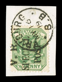 S.G. 11, 1900 V.R.SpecialPost overprint on 12p Green, tied to piece by a complete strike of Vryburg B.B. May 1619 c.d.s., brilliantly fresh, very fine a lovely example of this
rare stamp that is found only used 1984 Brandon certificat