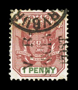 S.G. 12, 1900 V.R.SpecialPost overprint on 1p Rose red and green, used, bright colors, nicely centered, with some of the original envelope still adhering to the back, a few
perf. faults, fine appearance only 60 were issued 2008 BPA cer