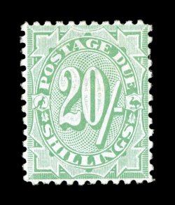 S.G. D62, 1909 20- Dull green postage due, a magnificent mint example of the rarest of all the Australian postage dues, being incredibly well centered, gorgeous rich color and a
clean impression on pristine white paper, full o.g. with just a ti