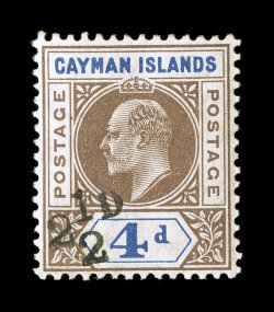 S.G. 35, 1908 2 12d on 4p Brown and blue, well centered, rich colors, toned o.g., a very fine example of this rare stamp, which is the key to completing a Cayman Islands
collection 1955 PF and 2008 BPA certificates (Scott 20 $1,800.00).