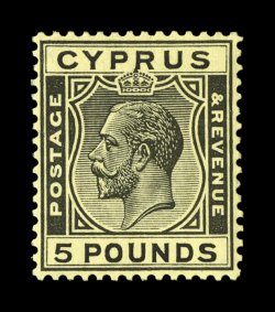 S.G. 117a, 1928 £5 Black on yellow, excellent centering, strong color and impression, o.g., small h.r., microscopic thin speck, otherwise a very fine example of this popular
high value (Scott 109 $3,200.00).