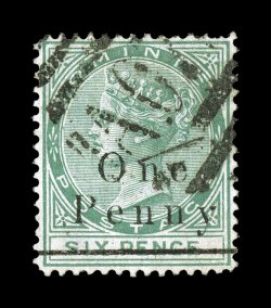 S.G. 18, 1886 One Penny surcharge on 6p Green, used, exceptionally well centered, bright color, light horizontal crease (most existing copies have flaws), very fine appearance
a major British Commonwealth rarity, as it is believed only twel