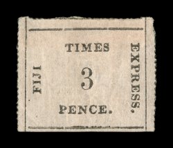 S.G. 6, 1871 3p Black on rose Fiji Time Express, position 21, scarce mint single, full roulettes on three sides, part o.g., h.r., small thin spots, very fine appearance 1987
RPS certificate (Scott 7 1,750.00).
