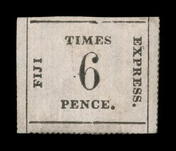 S.G. 7, 1871 6p Black on rose Fiji Times Express, position 4, unused, full roulettes at right and bottom, fresh, minor filled thin at top, very fine appearance 2008 BPA
certificate (Scott 8: $1,300.00).