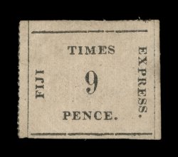 S.G. 8, 1871 9p Black on rose Fiji Times Express, position 24, unused, large margins, regummed, corner crease at top left, very fine appearance clear 1987 RPS certificate
(Scott 9 $2,200.00).
