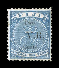 S.G. 19, 1874 TwoV.R.Cents surcharge Type 6 on 1p Blue, unused, rich color, regummed, tiny almost imperceptible repair at bottom, fine appearance signed H. Bloch and
accompanied by a 2008 BPA certificate (Scott 21 $1,150.00).