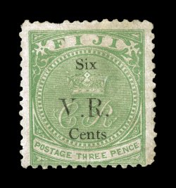 S.G. 20, 1874 SixV.R.Cents surcharge Type 6 on 3p Green, a presentable unused example of this rare stamp, bright color, regummed over a small thin and a pulled perf. at top,
fine appearance clear 1994 Rendon certificate as original gum and