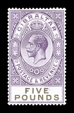 S.G. 108, 1925 £5 Violet and black, beautifully centered, brilliantly fresh, full o.g., trivial h.r., a very fine and select quality example of this always popular stamp (Scott
93 $1,750.00).