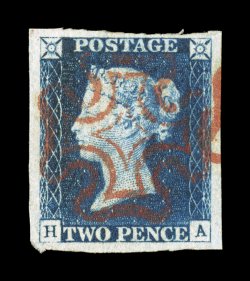 S.G. 5, 1840 2p Blue, plate 1, lettered H-A, large to huge margins all around, deep prooflike color and impression on pristine white paper that is neatly contrasted by the
bright red Maltese Cross cancel, faint corner crease, otherwise extremely