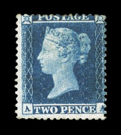 S.G. 23, 1855 2p Blue, Plate 4, a rarely offered mint example, which also happens to be the first repair of AA variety (S.G. specialized F2i which is not priced unused), deep
luxuriant color and a well incised impression, large part o.g.,