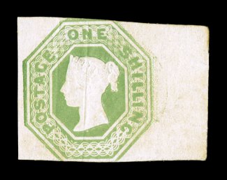 S.G. 54, 1847 1- Pale green, right sheet-margin unused example, fairly strong color and embossing, regummed over a small repair and minor corner thin, fine appearance a
presentable example of a very rare unused stamp 2008 BPA certificate (Sco