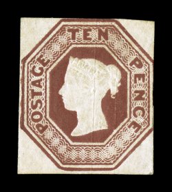 S.G. 57, 1848 10p Brown, ample to close margins around, just into the frame line at right, deep rich color and a strong detailed impression, nearly full original gum that is
slightly brownish, certificate states soiled but that is quite trivial,