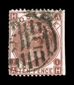 S.G. 99, 1867 10p Red brown, Plate 1, watermarked emblems in error (instead of spray of roses), lettered A-H, a presentable example of this Surface Printed rarity, used as are
all of the mere fourteen recorded examples (three of which are in