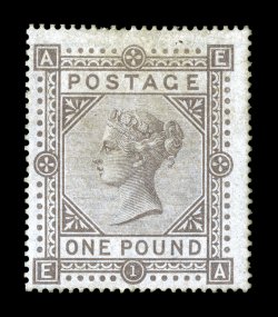 S.G. 129, 1878 £1 Brown lilac, an exceedingly rare unused example, certificate states soiled and discoloured, treated to reduce staining which we feel is a little harsh, as the
color is fairly strong and the overall appearance is not at all ob