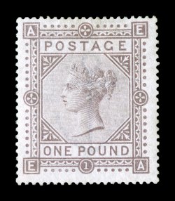 S.G. 136, 1882 £1 Brown lilac on white paper, an incredibly rare unused single, reasonably fresh, with warm rich color, neatly regummed, very fine this is the rarest of the
Nineteenth Century high values and is almost never encountered in thi