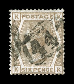 S.G. 145, 1873 6p Pale buff, plate 13, a very rare example of this abnormal stamp, which was caused by a few imprimatur sheets in Pale buff (rather than the issued Grey) being
fed into the perforator and regular inventory by mistake, slightly