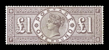 S.G. 185, 1884 £1 Brown lilac, uncharacteristically well centered, strong rich color, regummed, tiny repair at bottom and some natural gum creasing has been pressed out,
nonetheless of very fine appearance and a highly collectable example of thi