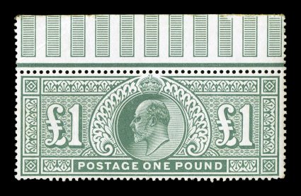 S.G. 266, 1902 £1 Dull blue green, top sheet-margin single, well centered, deep vibrant color on fresh paper, full o.g. which the accompanying certificate describes as a little
toned - an opinion which we respectfully disagree, stamp with bare