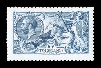 S.G. 412, 1915 10- Blue, De La Rue printing, a wonderfully bright and fresh example of this scarce printing, lovely rich color on pristine white paper, attractively centered,
o.g., lightly hinged, very fine 2008 BPA certificate (Scott 175b $